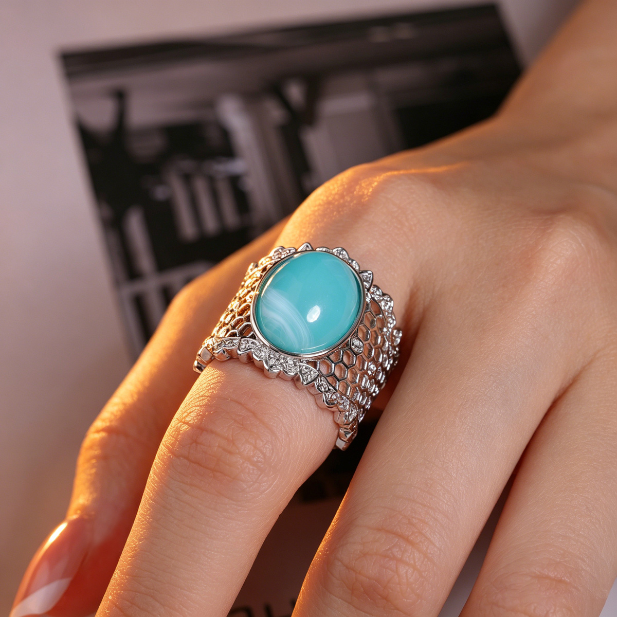 Retro Court Style Hollow Out Synthetic Turquoise Ring, Elegant Accessory